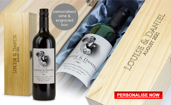 Personalised Wedding Wine Gift and Engraved Wooden Box