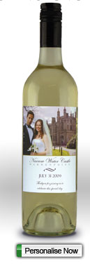 wedding picture and message on a wine bottle